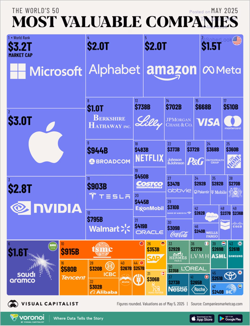 Market capitalization rankings of top global firms from the May 2025 economic update