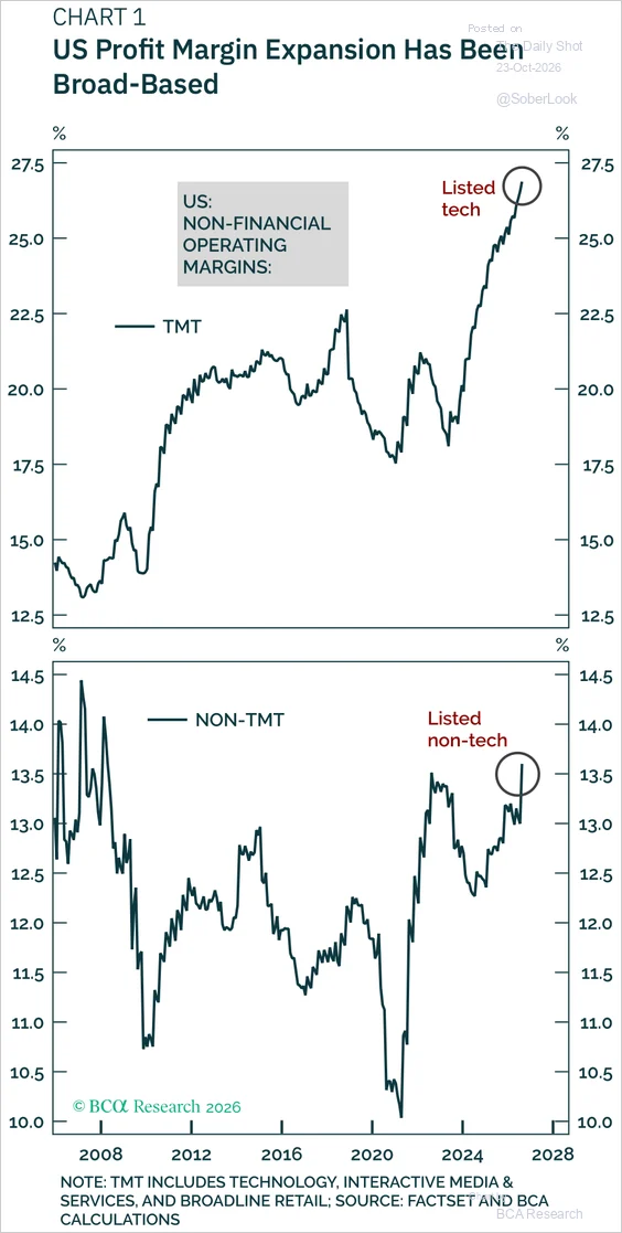 Line charts of US non-financial operating margins for tech and non-tech companies, both rising to recent highs