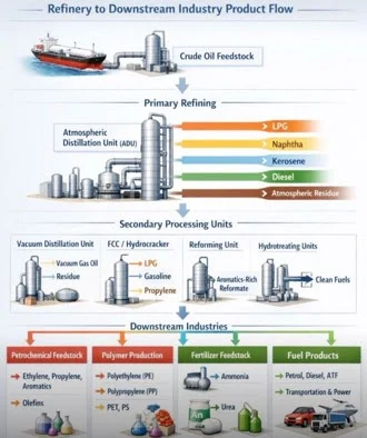 Diagram of how crude oil moves from refining into fuels, petrochemicals, polymers, and fertilizer feedstocks.