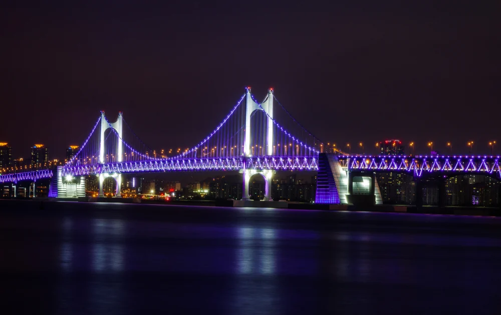 Gwangan Bridge in Busan, South Korea, lit in purple and white at night, with the city skyline behind it and its lights reflected in the water below.